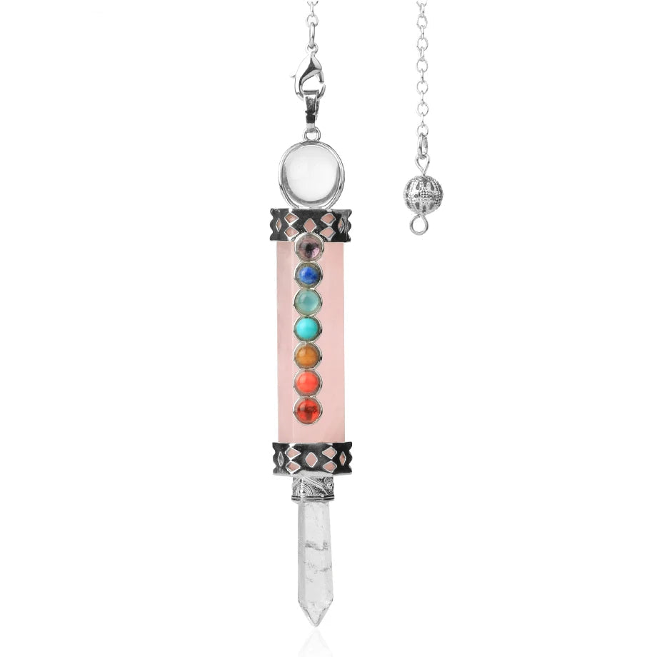 Necklace with a cylindrical pendant featuring colorful stones and a clear crystal on a white background.