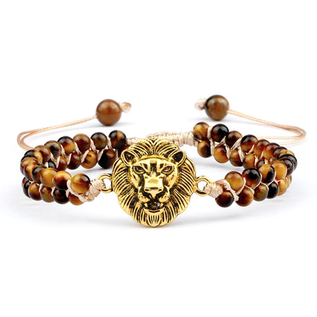 Bracelet with lion head charm and beaded design on a white background