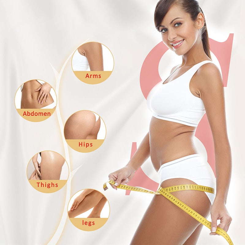 Woman measuring different body parts with a tape measure on a white background