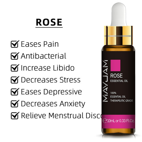 MayuJam Rose Essential Oil bottle with listed benefits on a white background