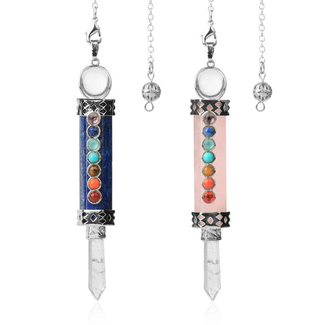 Two crystal necklaces with colorful stones on a white background