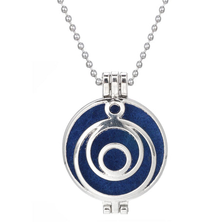 Silver pendant with blue circular design on a white background