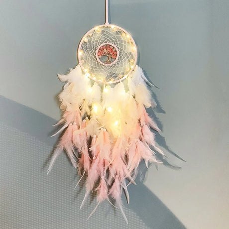 Decorative dreamcatcher with feathers and lights on a plain background