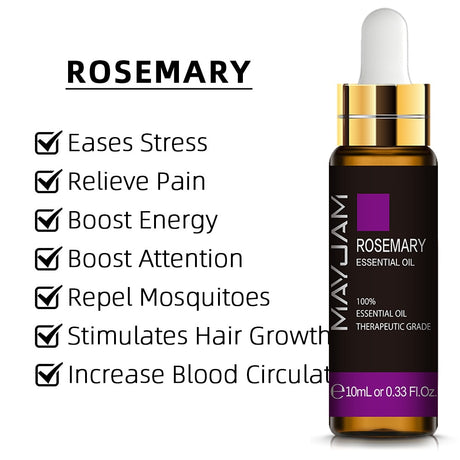 Mayu Jam Rosemary essential oil bottle with listed benefits on a white background