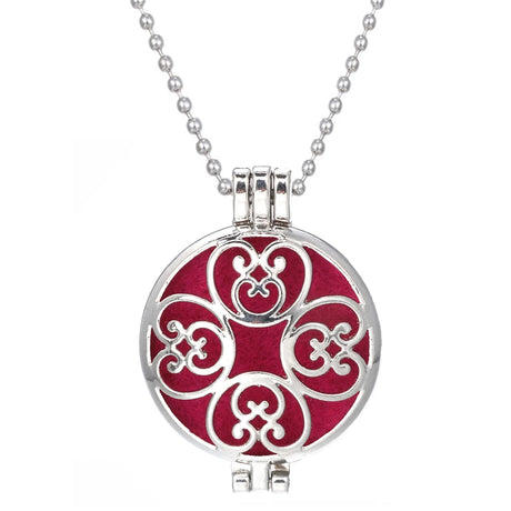 Necklace with a red and silver pendant on a white background