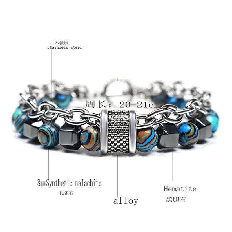 Bracelet with blue and brown beads and metal links, labeled with material details on a white background.