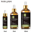 Three bottles of MayJam Patchouli Essential Oil in different sizes on a white background.