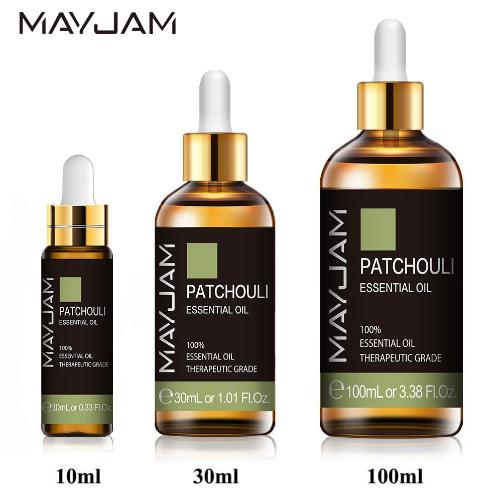 Three bottles of MayJam Patchouli Essential Oil in different sizes on a white background.