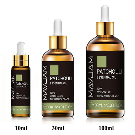 Three bottles of MayJam Patchouli Essential Oil in different sizes on a white background.