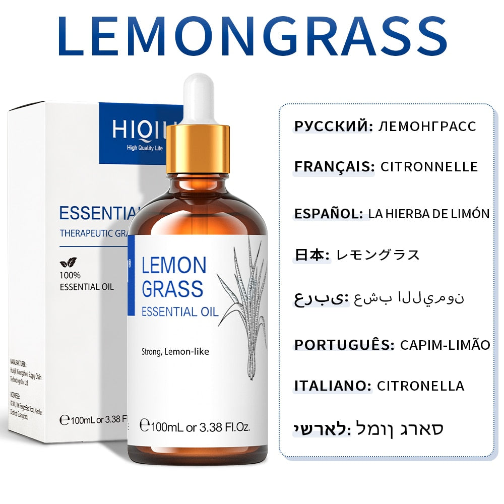 Lemongrass essential oil bottle with dropper and packaging on a white background