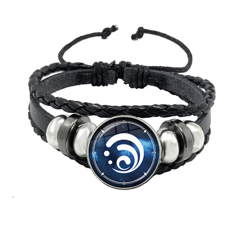 Black braided leather bracelet with a blue and silver emblem on a white background