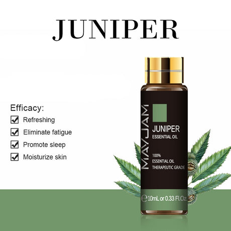 Maxim Juniper essential oil bottle with leaf graphics and efficacy text on a white background