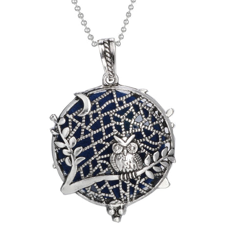 Silver pendant with owl design on a white background