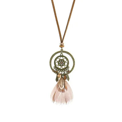 Necklace with a dreamcatcher pendant and pink feather on a white background