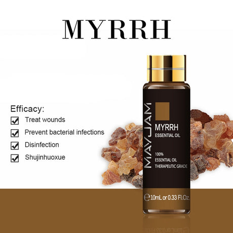 Mayuan Myrrh essential oil bottle with dried myrrh resin on a white background