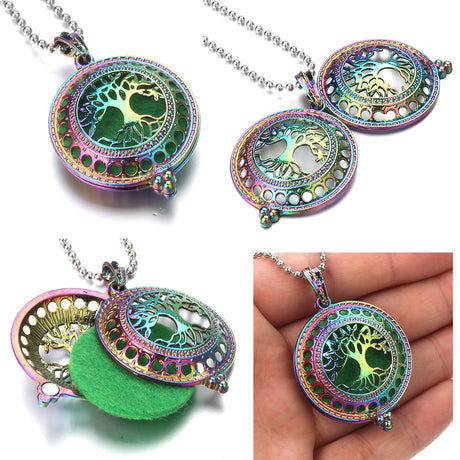 Colorful tree-of-life pendant with chain on a white background