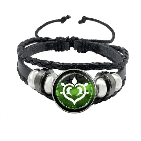 Black braided leather bracelet with a green heart symbol on a white background
