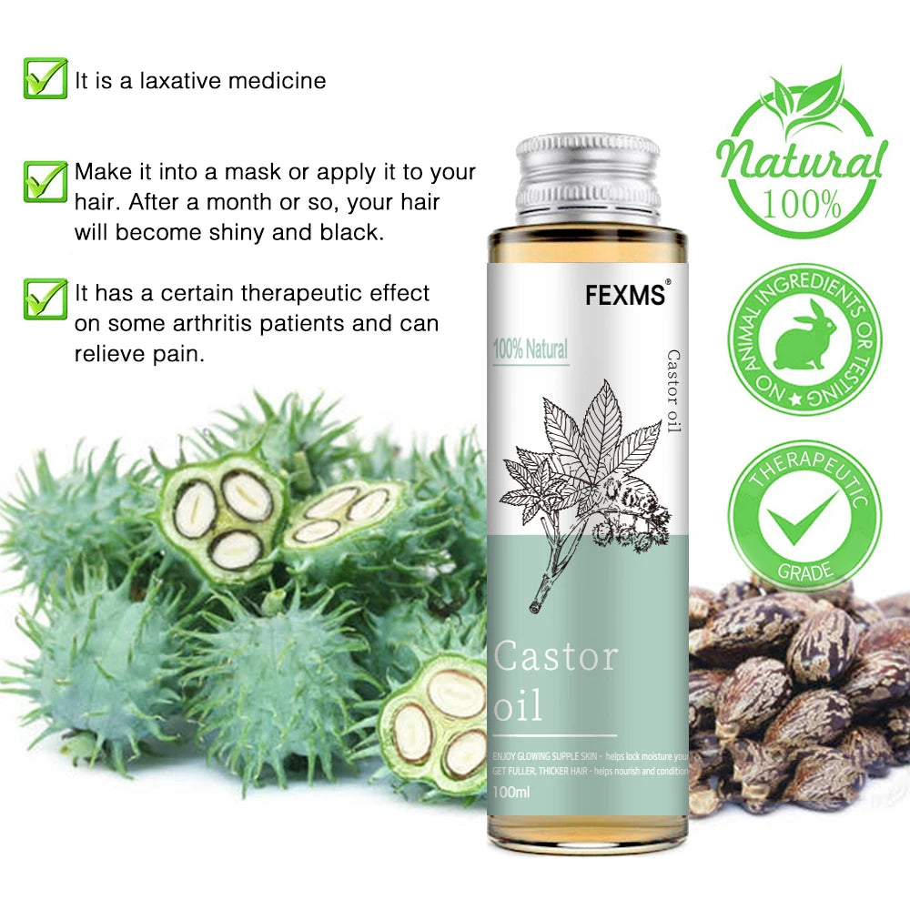 FEXMS Castor oil bottle with castor plant and seeds on a white background
