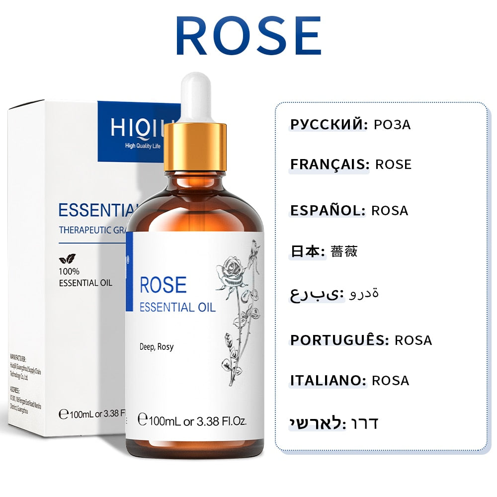 Rose essential oil bottle with dropper and packaging on a white background