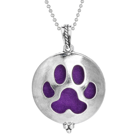 Silver necklace with a purple paw print pendant on a white background