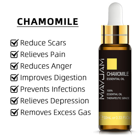 Mayuam Chamomile essential oil bottle with listed benefits on a white background