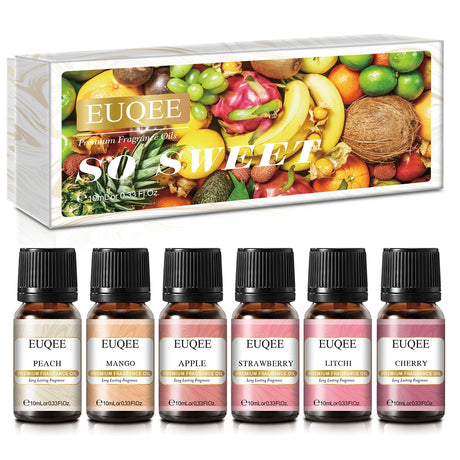 EUQEE essential oil set with fruit-themed packaging