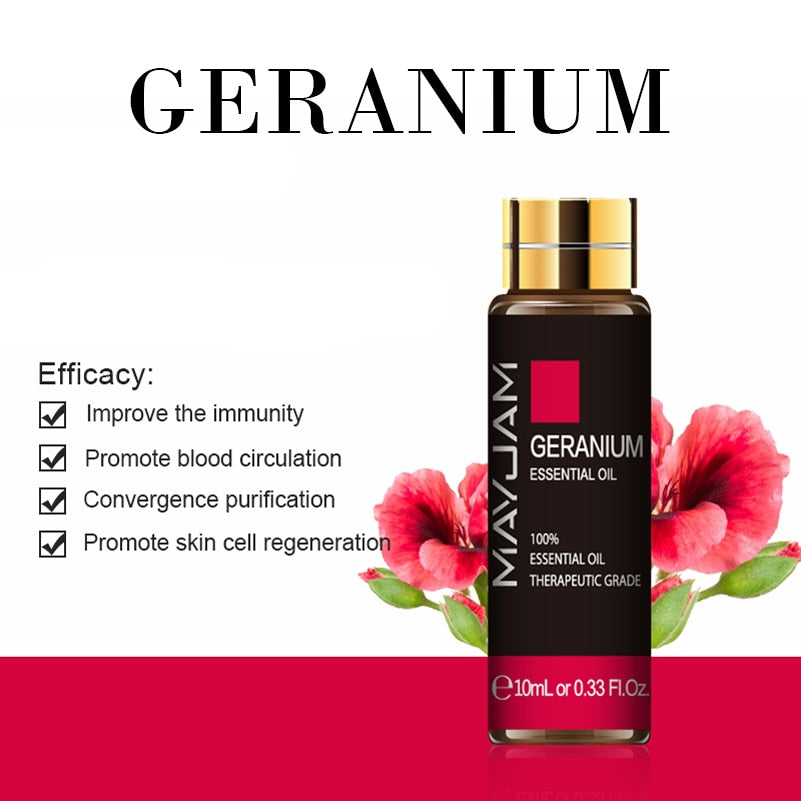 Mayu Jam Geranium essential oil bottle with flowers on a white background
