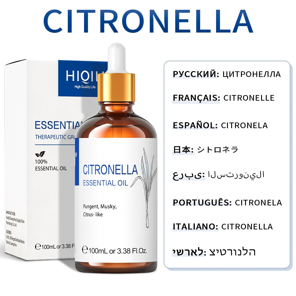 Citronella essential oil bottle with dropper and packaging on a white background