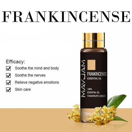 Bottle of Mayu Jam Frankincense Essential Oil with listed efficacy on a white background