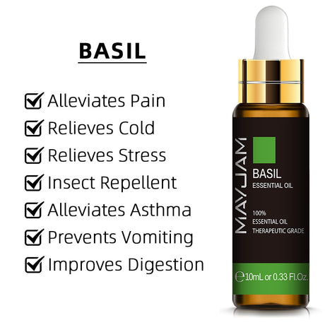 Basil essential oil bottle with listed benefits on a white background