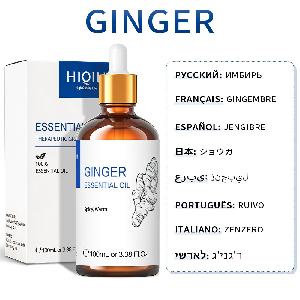 Ginger essential oil bottle with dropper and packaging on a white background