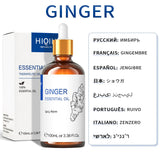 Ginger essential oil bottle with dropper and packaging on a white background