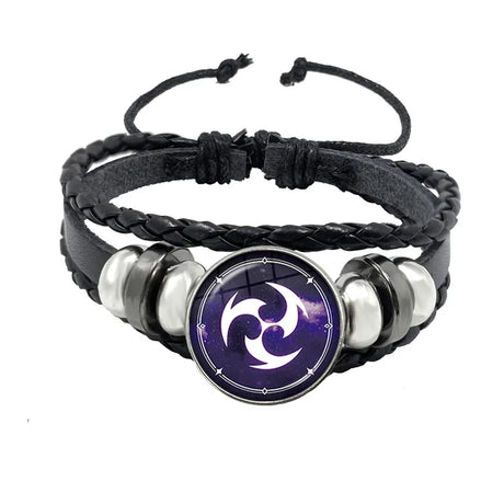 Black braided leather bracelet with a purple and silver emblem on a white background