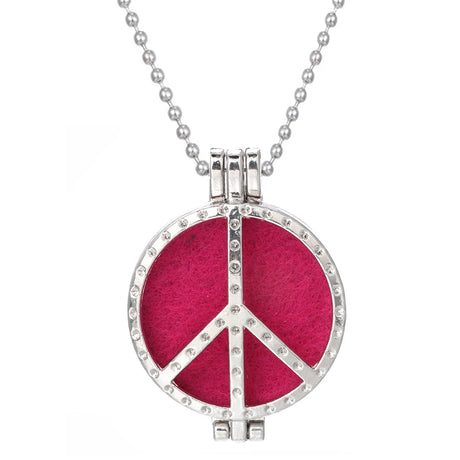 Necklace with a pink peace symbol pendant on a white background