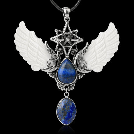 Pendant with wings and star design on a black background