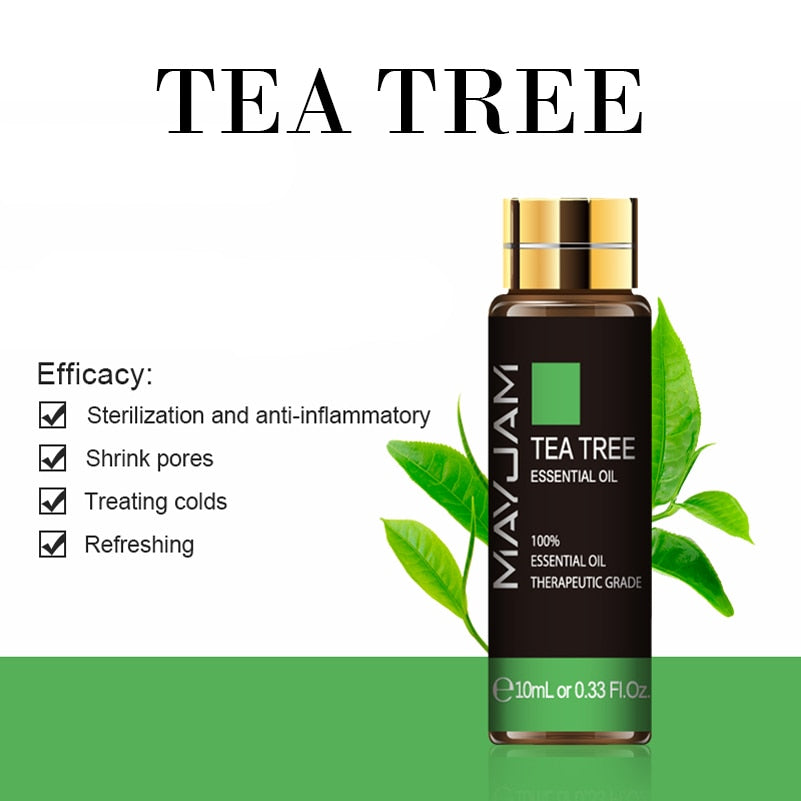 MayuJami Tea Tree essential oil bottle with green leaves on a white background