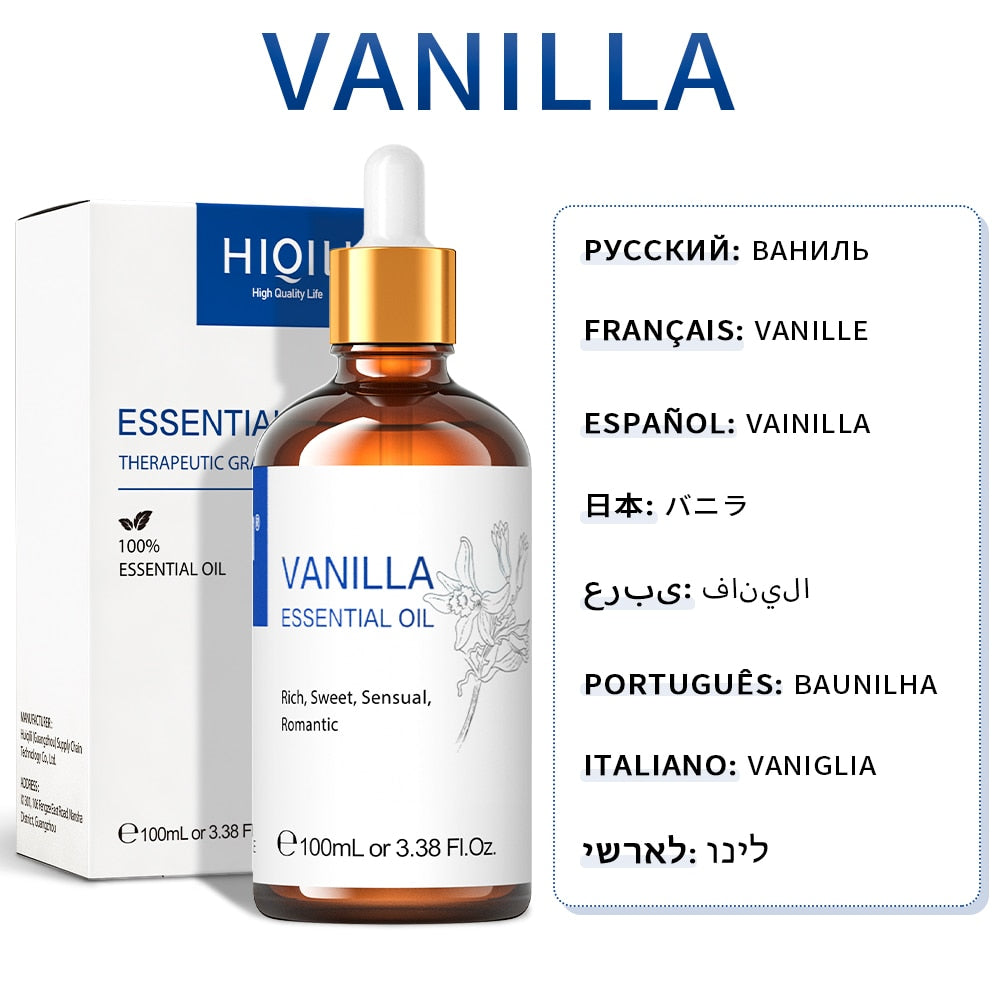 Vanilla essential oil bottle with dropper and packaging on a white background