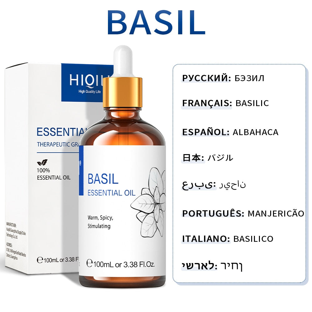 Basil essential oil bottle with dropper and packaging on a white background