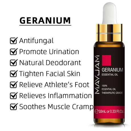Mayuam Geranium essential oil dropper bottle with listed benefits on a white background