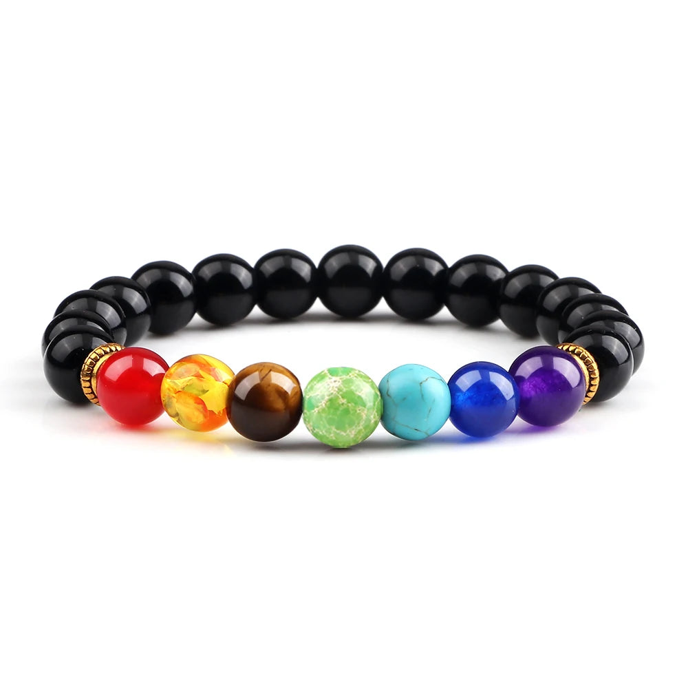Multicolored beaded bracelet on a white background