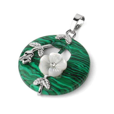 Green marbled pendant with silver leaves and a white flower on a white background