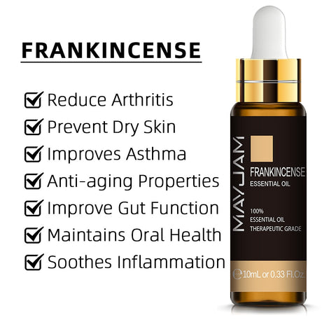Mayuam Frankincense essential oil bottle with listed benefits on a white background