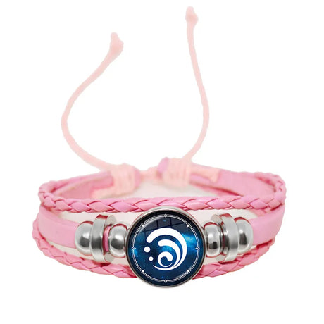Pink braided bracelet with a blue and white circular charm on a white background