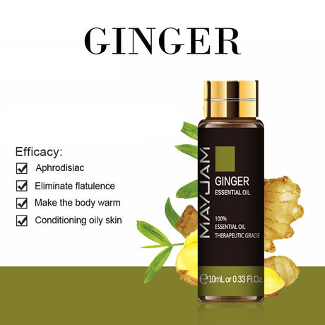 Mayu Jam Ginger Essential Oil bottle with ginger roots and leaves on a white background