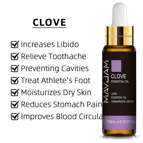 MayuJam Clove Essential Oil bottle with listed benefits on a white background