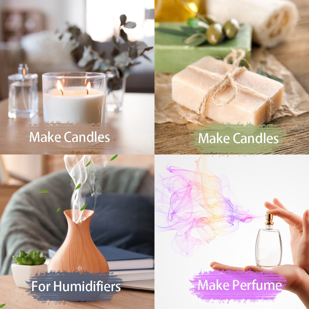 Collage of activities related to making candles, humidifiers, and perfume.