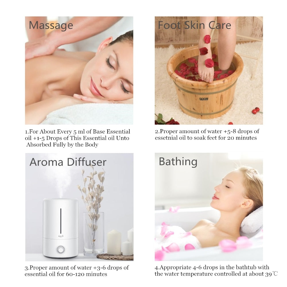 Promotional graphic for essential oils with images of massage, foot skin care, aroma diffuser, and bathing.