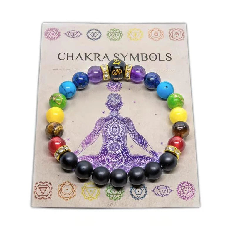 Colorful beaded bracelet with chakra symbols on a card