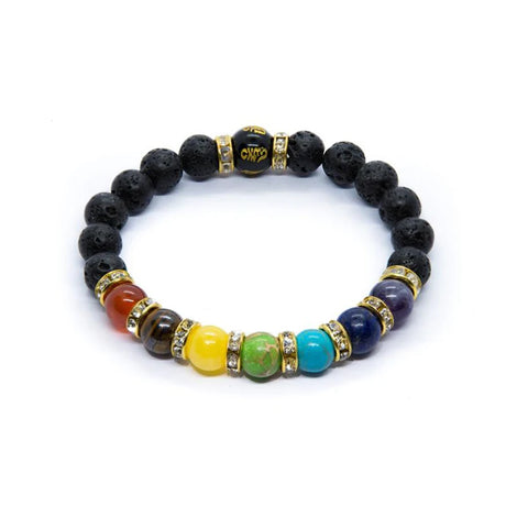 Multicolored beaded bracelet with black stones on a white background