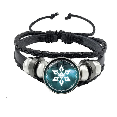 Black braided leather bracelet with a silver and blue circular charm featuring a snowflake design on a white background.